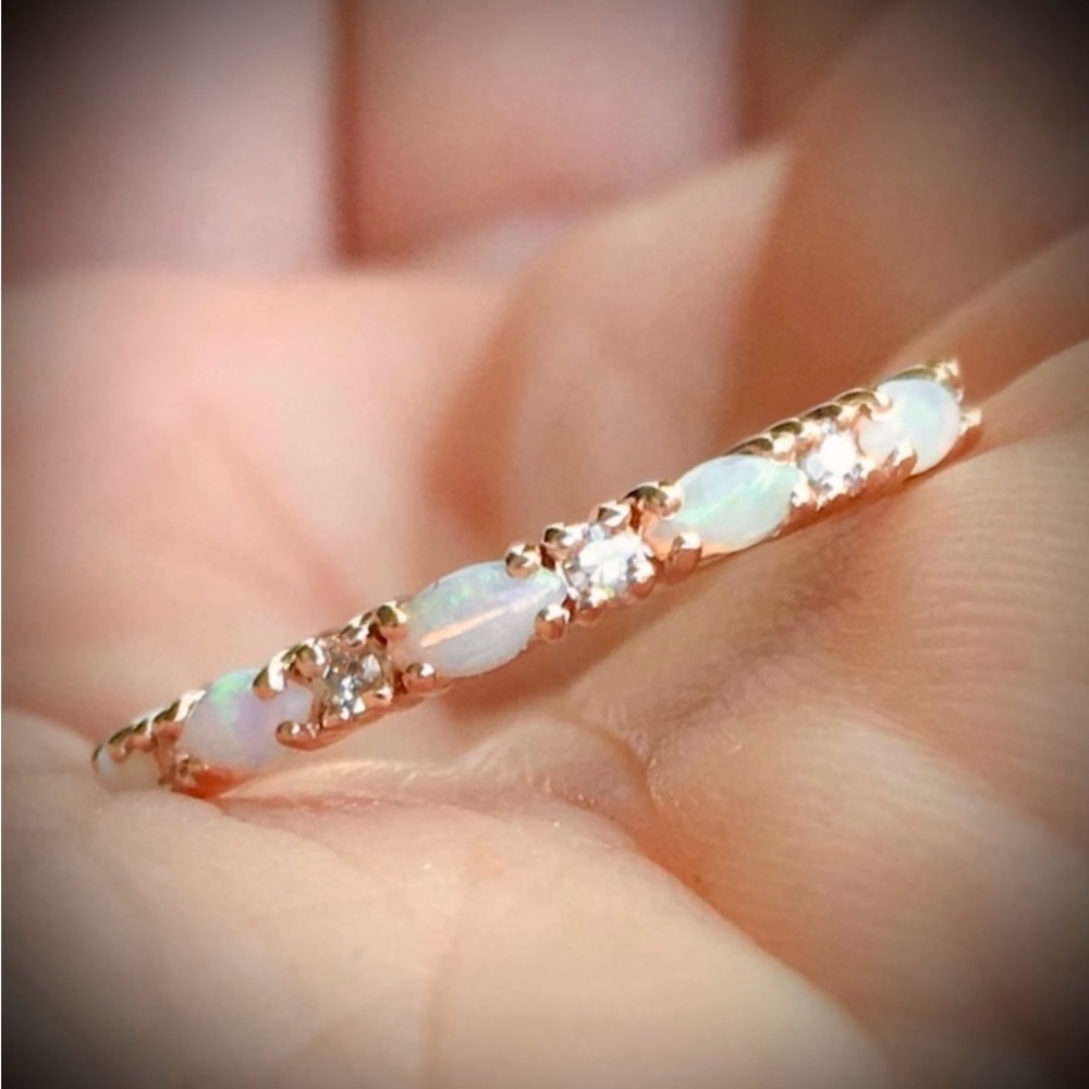 Opal Ring simulated diamonds 14k rose Gold Eternity ring - Picture 5 of 5